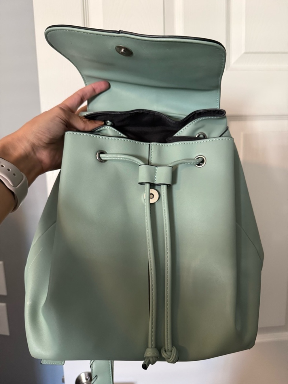 Zara Sage Green Faux Leather Backpack Minimalist Flap Drawstring Bag - Picture 3 of 7